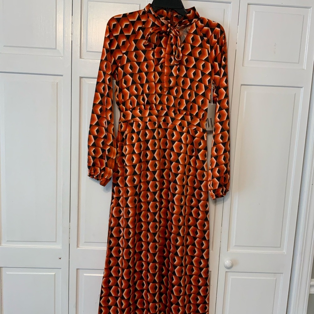 Worthington Long Sleeve Geometric Tie Neck Dress XSMALL